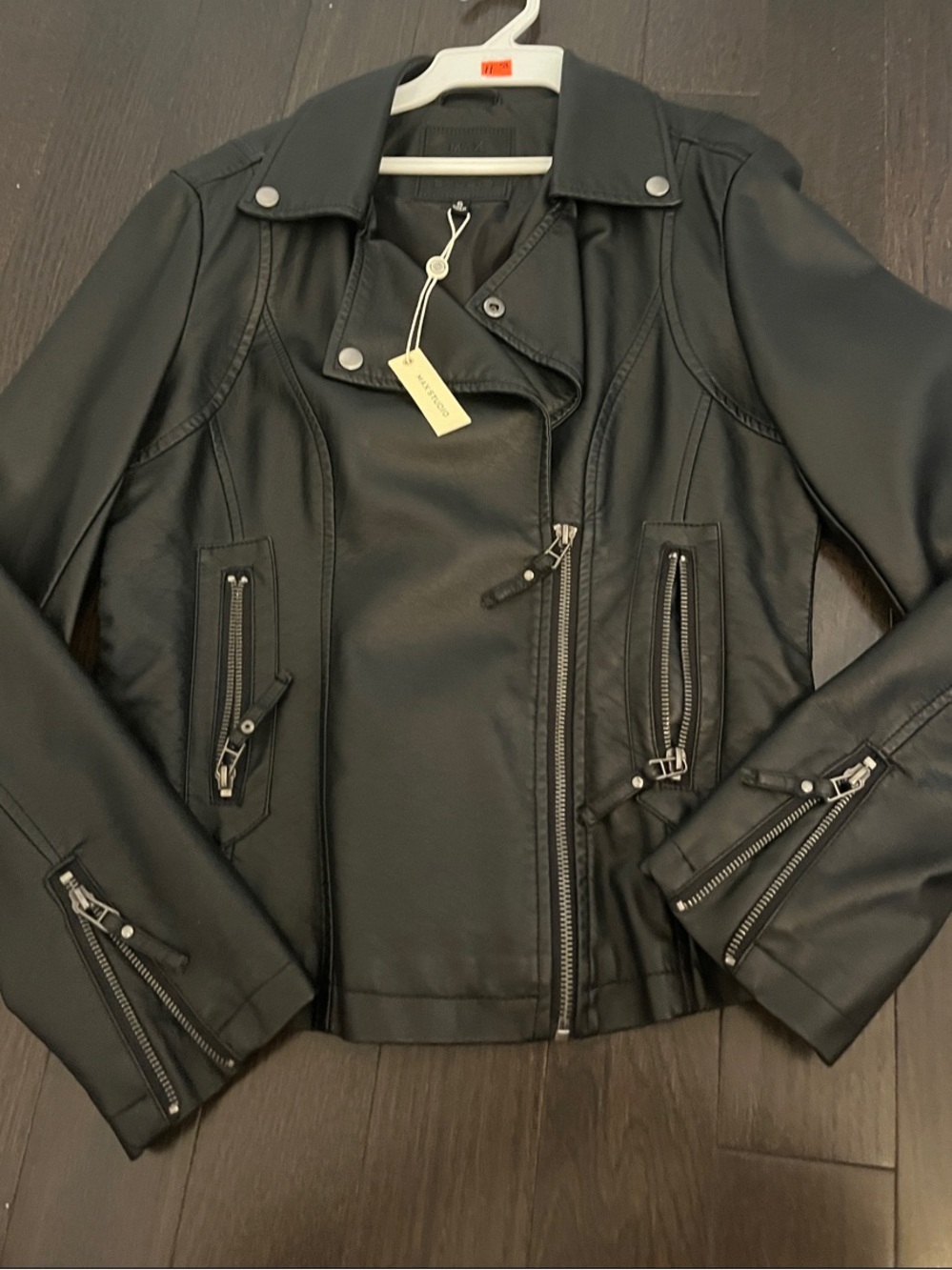 NEW WITH TAGS: Max Studio Black Faux Leather Moto Jacket with Zipper Accents